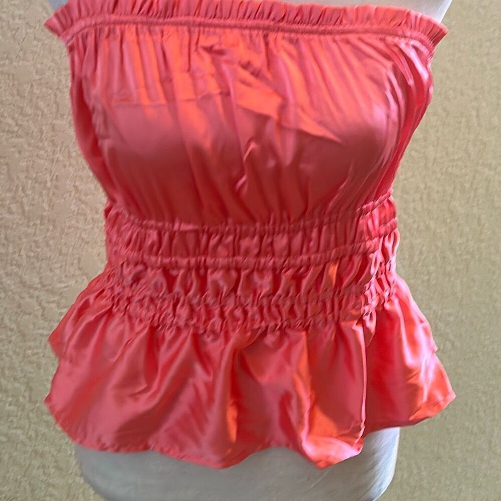 J.NNA Size M Pink Satin Strapless Top Smocked Peplum Coastal Summer NWT